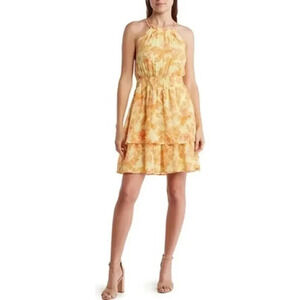 NWT Collective Concepts Smocked Waist Halter Dress Yellow Orange Floral SZ XL